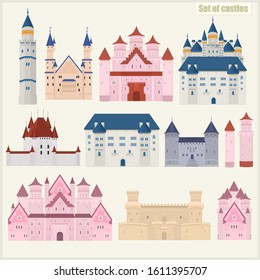 Set of various vector castles on a light background. Historic castles.