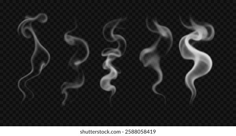 Set of various vector cigarette smoke, vapor, haze. Realistic wavy, swirl hookah steam isolated on transparent background