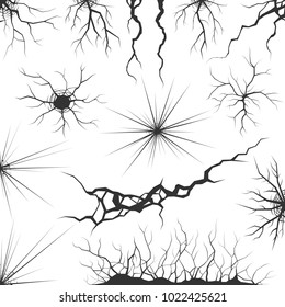 Conjunto de varias grietas vectoriales, ondas y fisuras aisladas en blanco. Grietas en tierra, roca, plástico, metal, vidrio o cualquier otro material adecuado para diferentes orígenes y diseños.