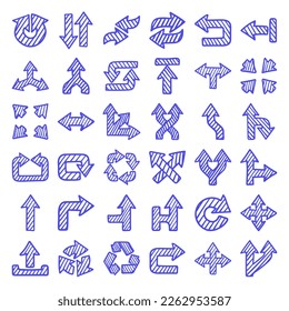 Set of various vector doodle sketch hatched hand drawing arrows.