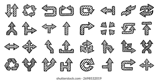 Conjunto de vários esboços de doodle de vetor escotilha mão desenhando setas.