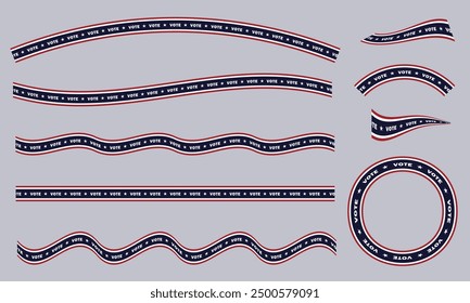 Set of various vector elements for the 2024 USA Presidential Election, including ribbons and tapes in different shapes and sizes, all decorated with a red, white, and blue "VOTE" pattern with stars.