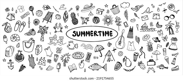 A set of various vector elements and symbols isolated on a white background. Collection of summer holidays at the sea, beach, exotic holidays. Vacations, trips abroad, travel, world tourism.