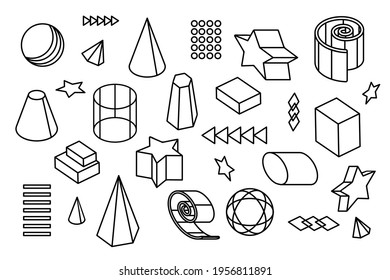 Set of various vector geometric elements. Retro graphic abstract shapes, shapes, isometric patterns in illustration collection. black lines on white background