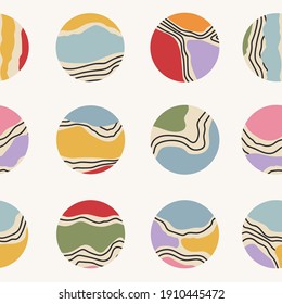 Set of various Vector Hand drawn Round icons. Abstract colorful background. Various shapes, lines, curves, doodles. Square seamless Pattern