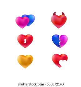 Set of various vector hearts icons. Pink, golden, red. Couple. Heart with keyhole. ill. Love symbols collection. Golden heart, broken, with a keyhole, open, damn
