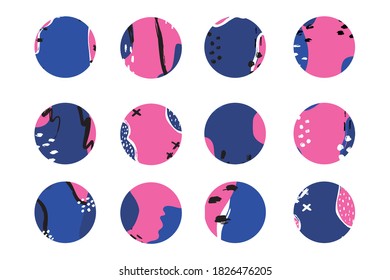 Set of various vector highlight covers. Abstract backgrounds. Various shapes, lines, spots, dots, doodle objects. Hand drawn templates. Round icons for social media stories. Perfect for bloggers
