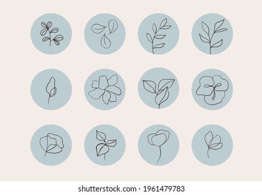 Set of various vector highlight covers. Round texture and floral icons for social media stories. 