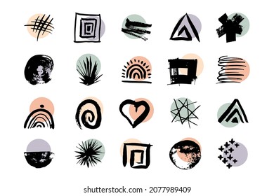 Set of various vector highlight covers. Abstract backgrounds. Various shapes, lines, spots, dots,  leaves, floral, doodle objects. Hand drawn templates. Round icons for social media stories. 