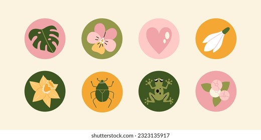 Set of various vector highlight stories covers with cute 	
nature elements. Trendy modern design. Cartoon, sticker style. Hand drawn templates. Round icons for social media