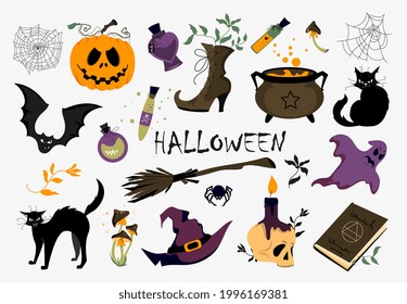 A set of various vector illustrations for Halloween. Elements for the design of packaging, postcards, posters, menus. Clipart on a white background.