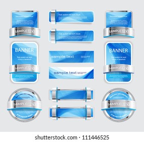 A set of various vector metallic buttons, banners and badges with soft blue backgrounds