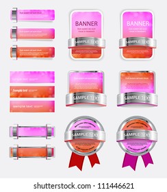 A set of various vector metallic buttons, banners and badges with floral theme backgrounds