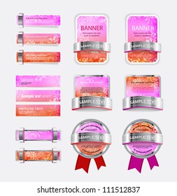 A set of various vector metallic buttons, banners and badges with floral theme backgrounds