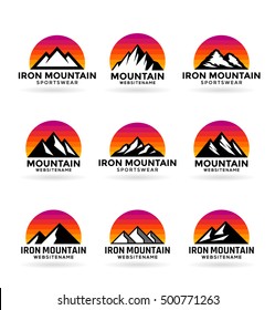 Set of various vector mountains on the sunset background. Mountain icons, logo design elements and logotype templates isolated on white background