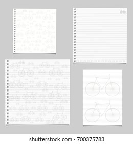 Set of various vector note paper with bicycle design on grey background