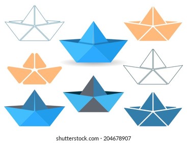 Set of various vector paper origami boats isolated