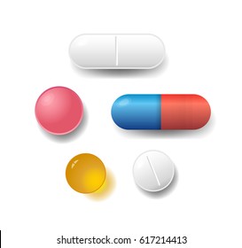 Set of various vector pills and tablets isolated on white background