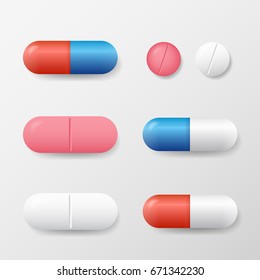 Set of various vector pills and tablets isolated on white background