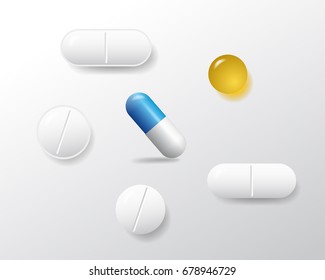 Set of various vector pills and tablets isolated on white background