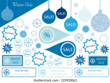 set of various vector tag prices with christmas sale theme, shapes in blue isolated on white background