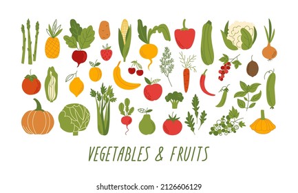Set of various vegetables and herbs in flat style. Vegetable products. Vector illustration with avocado, cabbage, pepper, tomato, carrot, cucumber, and other plant food