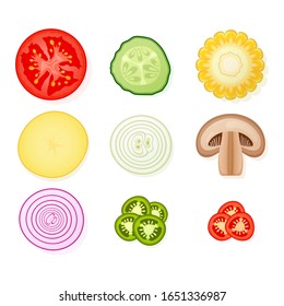 Set of various vegetables on white background. Potato, tomato, cucumber, onion and mushrooms. Vector Illustration.