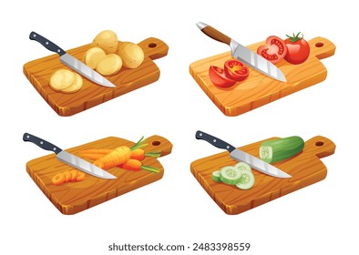 Set of various vegetables on wooden cutting boards. Includes potatoes, tomatoes, carrots, and cucumbers. Vector illustration