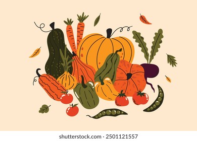 Conjunto de varias verduras de Ilustración vectorial en estilo funky groovy de dibujos animados. Diferentes cosechas de otoño mercado local Elementos de temporada calabaza, tomate, zanahoria, cebolla, guisantes, remolacha, pimienta