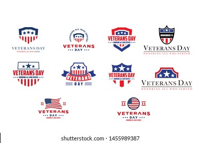 set of various veteran day vector graphic design templates, labels, symbols, symbols and design elements of Veterans Day.