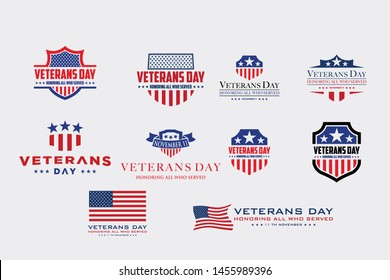 set of various veteran day vector graphic design templates, labels, symbols, symbols and design elements of Veterans Day.