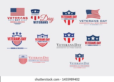 set of various veteran day vector graphic design templates, labels, symbols, symbols and design elements of Veterans Day.