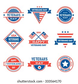 Conjunto de varios gráficos, objetos y etiquetas del Día de los Veteranos, emblemas, símbolos, iconos y distintivos. Plantillas vectoriales y elementos de diseño del día de los veteranos.