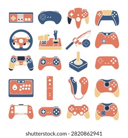 Set of various video game controllers and gaming peripherals