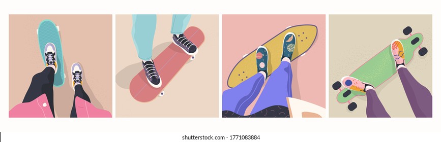 Set of various view from above. Female ride on skateboard. Trendy vector illustration.