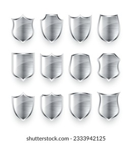 Set of various vintage 3d metal shield icons. Shiny steel heraldic shields. Black protection and security symbol, label. Vector illustration