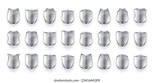 Set of various vintage 3d metal shield icons. Shiny steel heraldic shields. Black protection and security symbol, label. Vector illustration