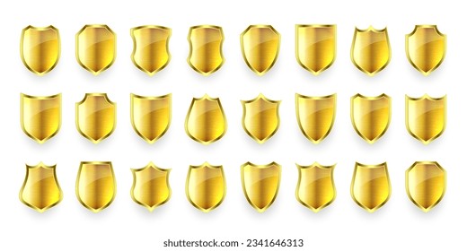 Set of various vintage 3d metal shield icons. Shiny golden heraldic shields. Black protection and security symbol, label. Vector illustration