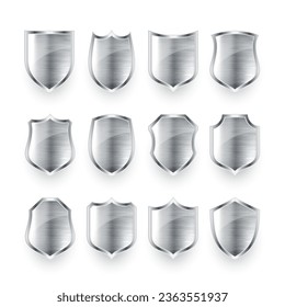 Set of various vintage 3d metal shield icons. Shiny steel heraldic shields. Black protection and security symbol, label. Vector illustration