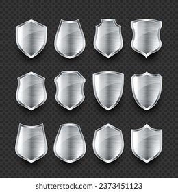 Set of various vintage 3d metal shield icons. Shiny steel heraldic shields. Black protection and security symbol, label. Vector illustration