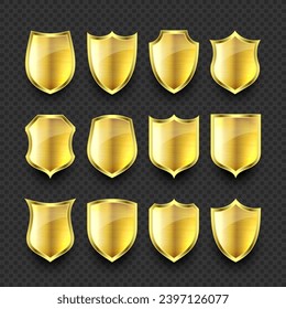 Set of various vintage 3d metal shield icons. Shiny golden heraldic shields. Black protection and security symbol, label. Vector illustration