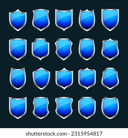 Set of various vintage 3d shield icons. Black heraldic shields. Blue protection and security symbol, label. Vector illustration