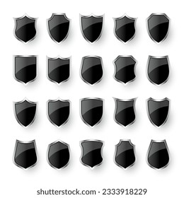 Conjunto de varios iconos vintage 3d del escudo. Escudos heráldicos negros. Símbolo de protección y seguridad, etiqueta. Ilustración del vector