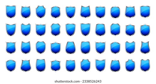Set of various vintage 3d shield icons. Black heraldic shields. Blue protection and security symbol, label. Vector illustration