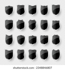 Set of various vintage 3d shield icons. Black heraldic shields. Protection and security symbol, label. Vector illustration