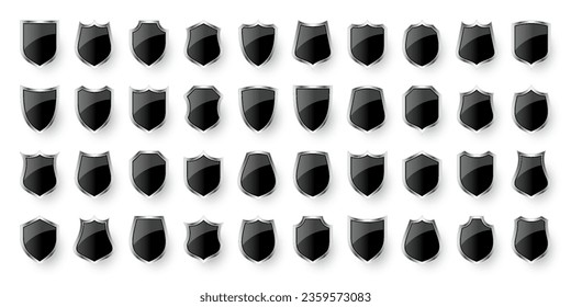 Set of various vintage 3d shield icons. Black heraldic shields. Protection and security symbol, label. Vector illustration