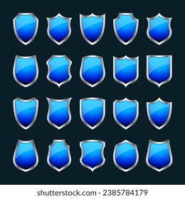 Set von verschiedenen Vintage 3D Schild Symbole. Schwarze heraldische Schilde. Blaues Sicherheits- und Schutzzeichen, Etikett. Vektorgrafik