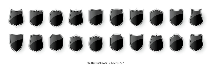 Set of various vintage 3d shield icons. Black heraldic shields. Protection and security symbol, label. Vector illustration