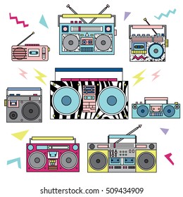 Set of various vintage cassette players. Retro 80s and 90s style vector art. 