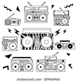 Set of various vintage cassette players in black and white. Retro 80s and 90s style vector art. 